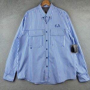 New Realtree Fishing Long Sleeve Gingham Button Up Shirt Men Size L Blue